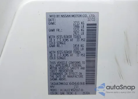 2016 Nissan Pathfinder Platinum/S/Sl/Sv z USA, uszkodzony, nr VIN 5N1AR2MN5GC606698